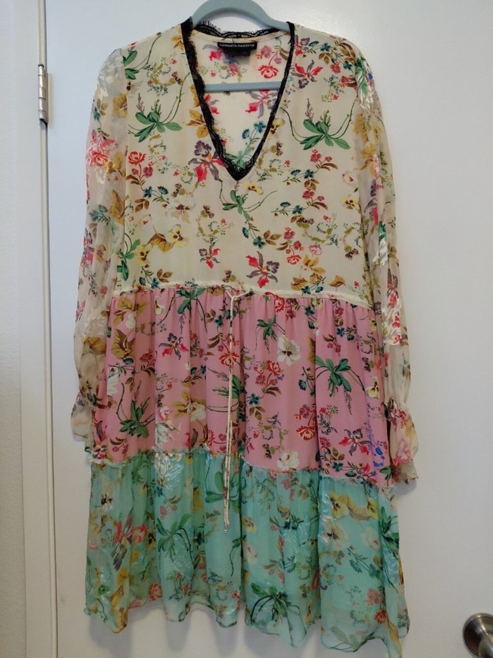 Hemnant & Nandita Wild Rose Silk Dress Tiered V-Neck Floral Long Sleeve Medium - Picture 3 of 12